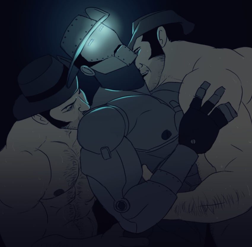 3boys australian bara buff glowing_eyes hat human human_on_robot machine male_only mann_vs_machine men remert robot selfcest sniffing sniper sniper_(team_fortress_2) sniper_bot sniperstalker team_fortress_2 valve