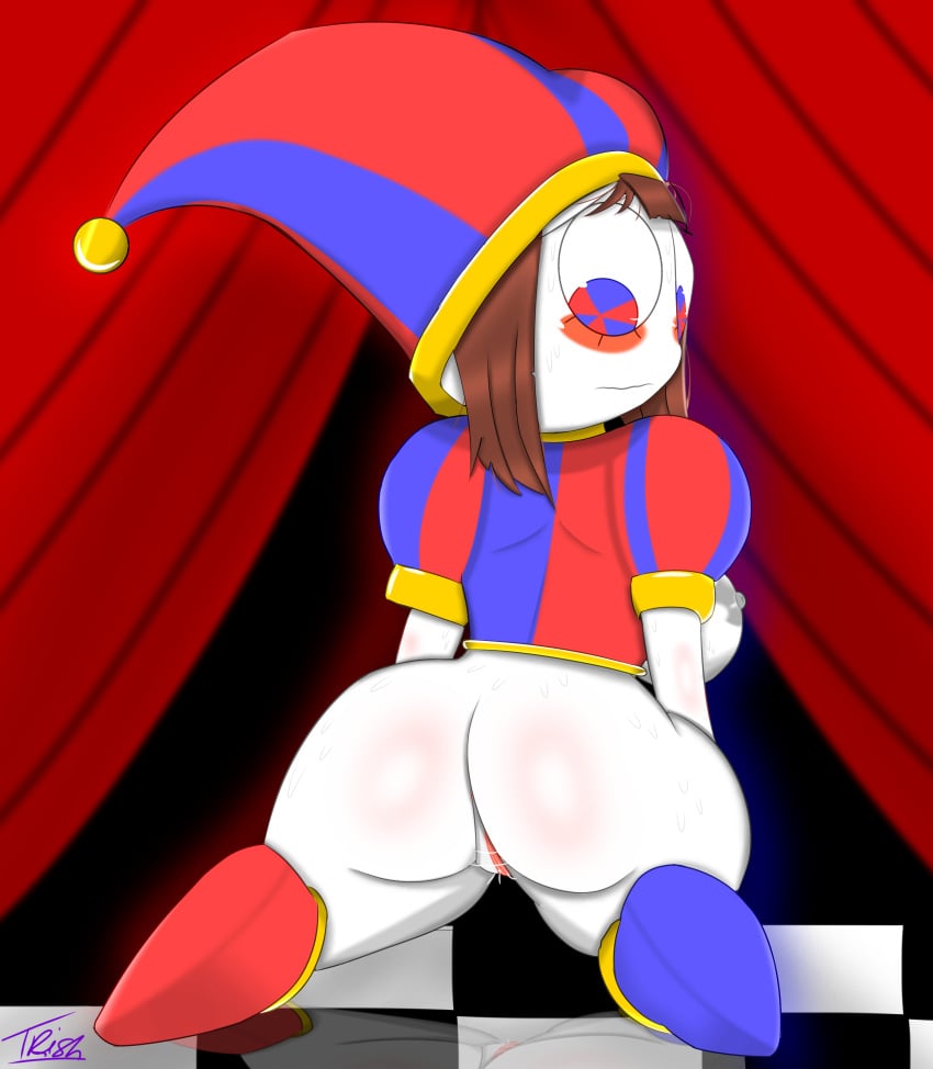 ass ass_focus big_ass blue_eyes blurry_background brown_hair gothtrishy huge_breasts jester jester_cap jester_hat jester_outfit light-skinned_female light_skin looking_at_ass looking_at_pussy looking_down nipples on_floor on_ground pale-skinned_female pale_skin pomni pomni_(the_amazing_digital_circus) red_eyes reflection reflective_floor shiny_ass shiny_breasts shiny_hair shiny_skin the_amazing_digital_circus thick_ass thick_thighs white_body white_skin