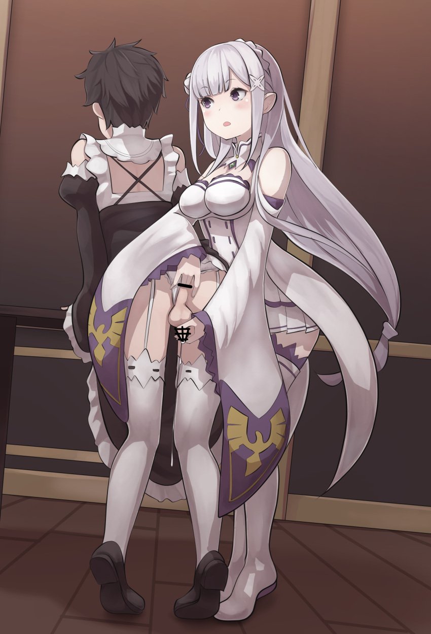 absurdres anal_fingering bar_censor black_hair censor_bar censored censored_penis crossdressing cum emilia_(re:zero) eyebrows_visible_through_hair femdom fingering floor handjob highres kikiu_bd long_hair maid natsuki_subaru penis purple_eyes re:zero_kara_hajimeru_isekai_seikatsu small_penis wooden_floor