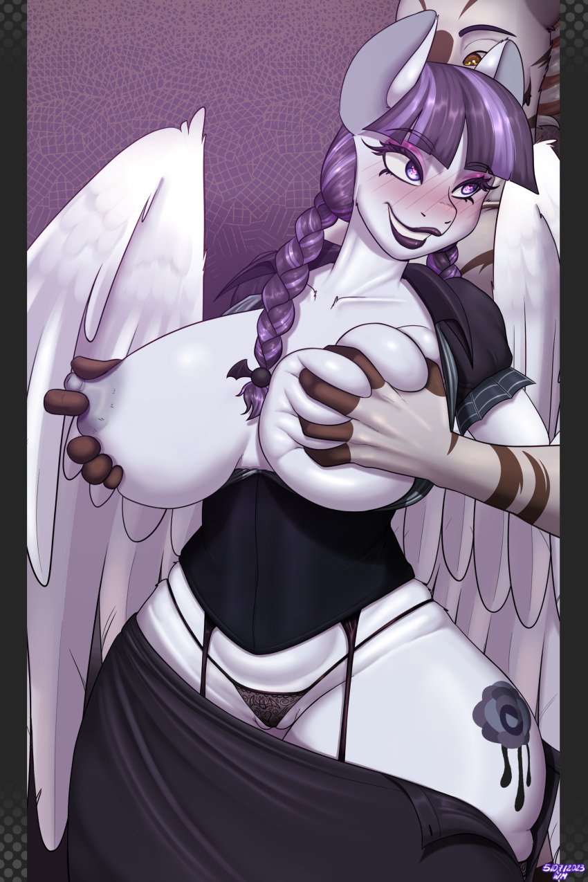 absurd_res anthro anthrofied big_breasts breast_grab breasts clothing equid equine friendship_is_magic goth hair hand_on_breast hasbro hi_res inky_rose_(mlp) large_breasts mammal my_little_pony nipple_fetish nipple_pinch nipple_play panties pegasus pinch purple_hair underwear unseen_male_face wings wolfmask