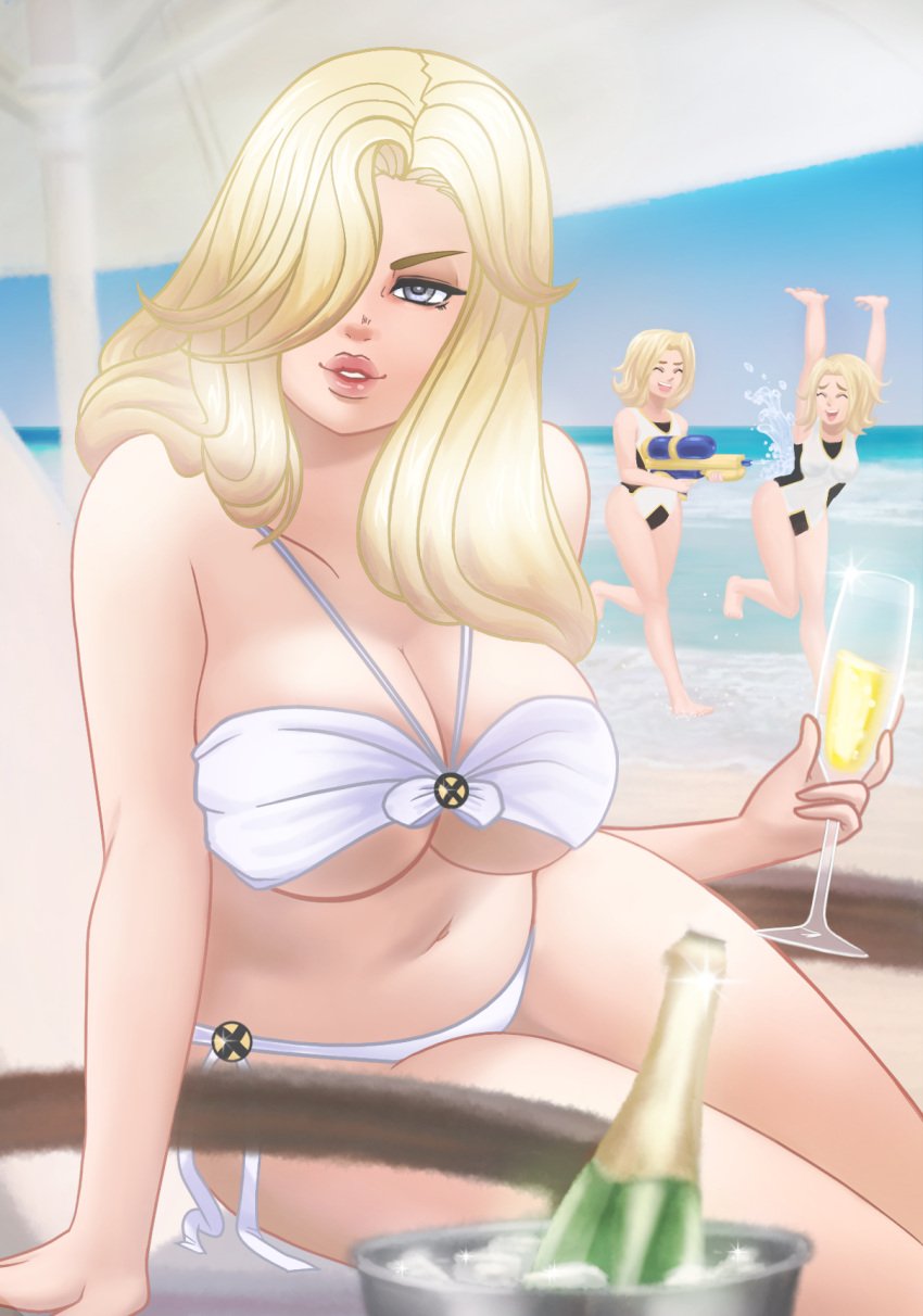 beach big_breasts bikini bikini_bottom bikini_top blonde_hair blue_eyes breasts champagne emma_frost hair_over_one_eye large_breasts marvel marvel_comics mikeonhighway61 stepford_cuckoos thick_thighs white_queen x-men