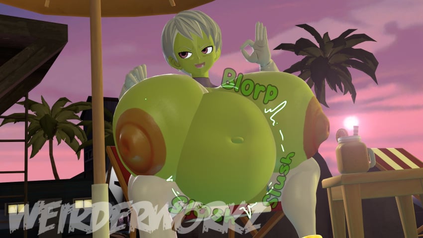 3d belly big_belly big_breasts breasts cheelai digestion dragon_ball dragon_ball_super dragon_ball_z female female_pred female_prey green_skin huge_belly huge_breasts massive_breasts mrweirdworkz nipples ok_sign oral_vore same_size_vore short_hair stomach_noises vore weirderworkz white_hair