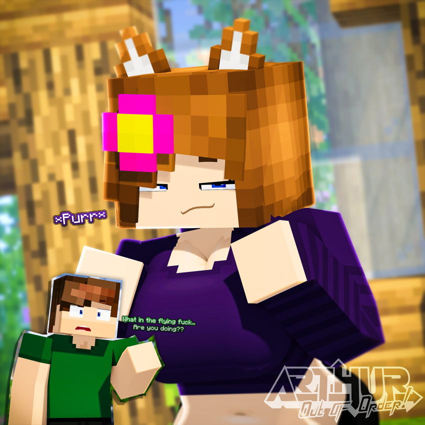 1boy 1girls 3d arthur32 big_breasts blue_eyes brown_hair cat_ears clothed_female female flower_in_hair horny_female human_female humanoid jenny_belle_(slipperyt) looking_at_viewer mine-imator minecraft outside purple_t-shirt smile tagme