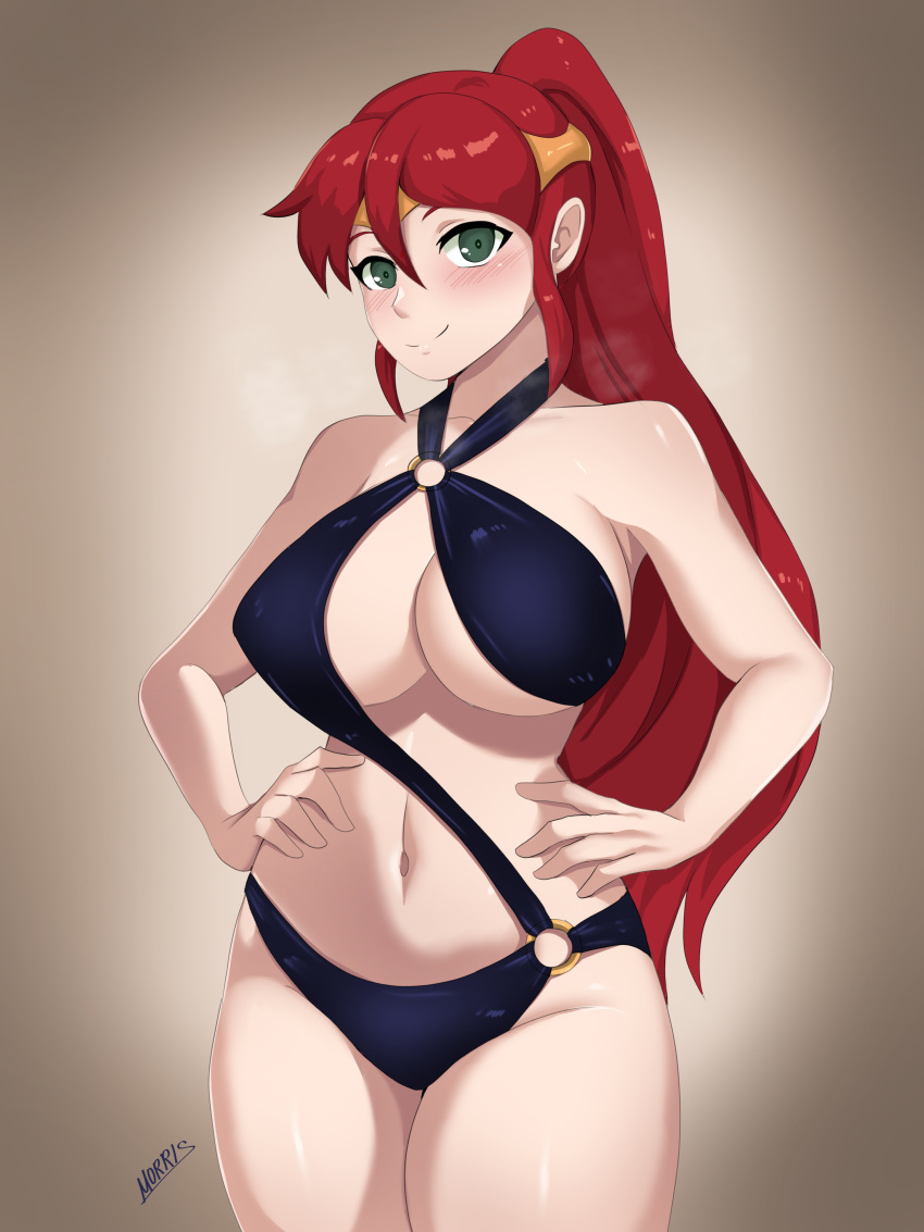 1girls bangs big_breasts blush breasts circlet female female_only green_eyes hands_on_hips high_ponytail huge_breasts long_hair looking_at_viewer morris ponytail pyrrha_nikos red_hair rwby shiny_hair shiny_skin sidelocks smile solo solo_female swimsuit thick_thighs voluptuous wide_hips