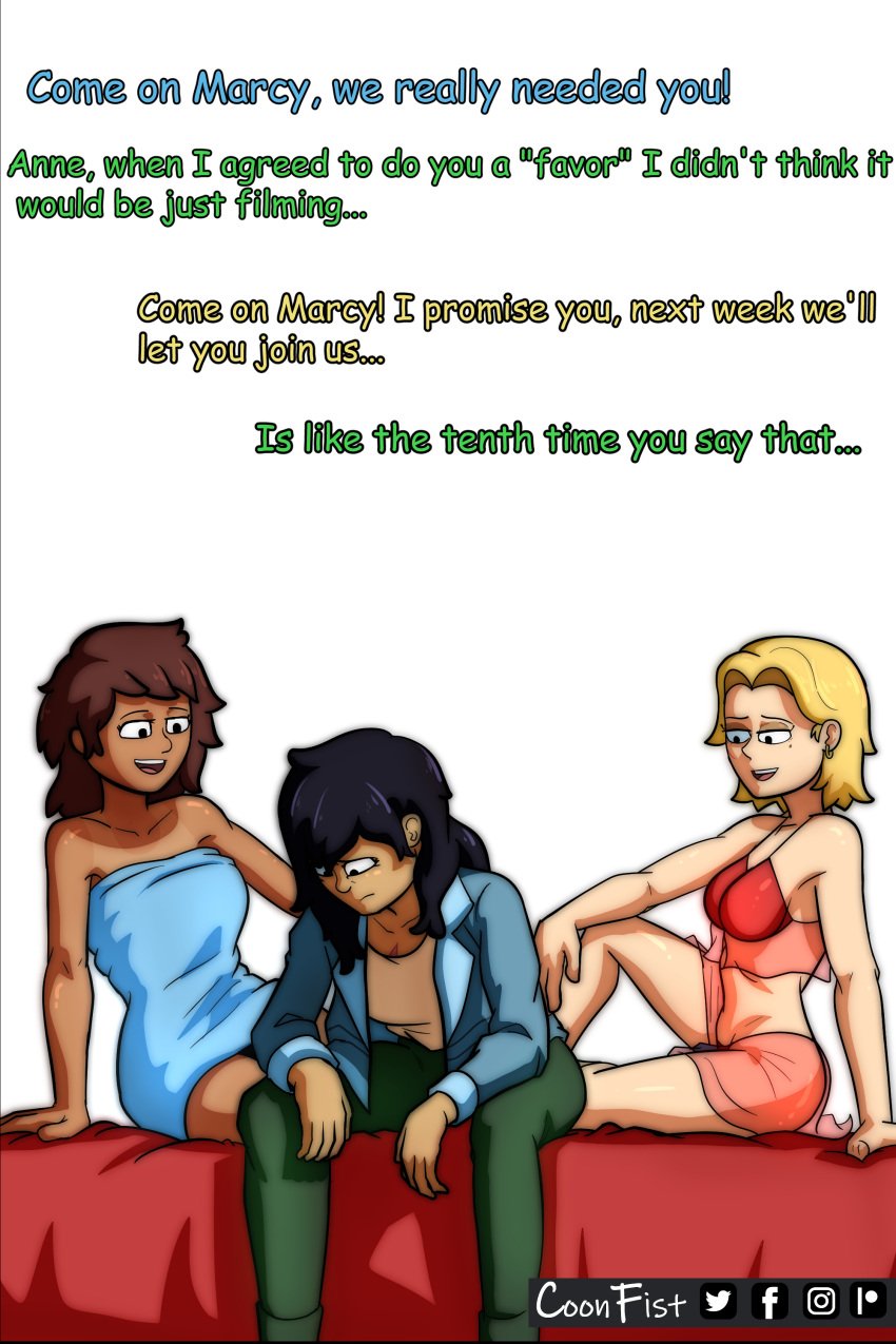 amphibia anne_boonchuy blonde_hair brown_hair comic comic_page comic_panel filming_sex korean_female lesbian_sex long_hair marcy_wu medium_breasts netorare ntr sasha_waybright short_hair submissive_female tan_skin thailand white_skin yuri