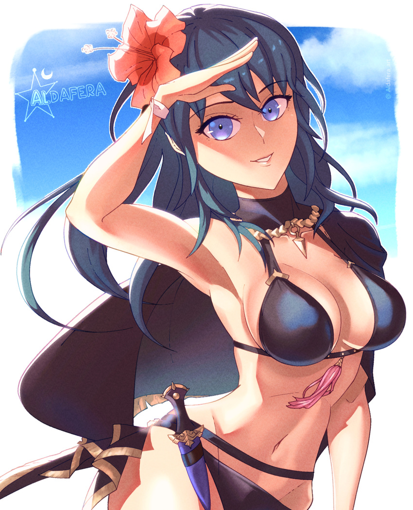 1girls aldafera alternate_costume bikini black_bikini black_swimsuit blue_eyes breasts byleth_(fire_emblem) byleth_(fire_emblem)_(female) byleth_(summer)_(fire_emblem)_(female) capelet female female_only fire_emblem fire_emblem:_three_houses fire_emblem_heroes flower hair_flower knife knife_sheath large_breasts long_hair looking_at_viewer nintendo official_alternate_costume smile solo swimsuit teal_hair