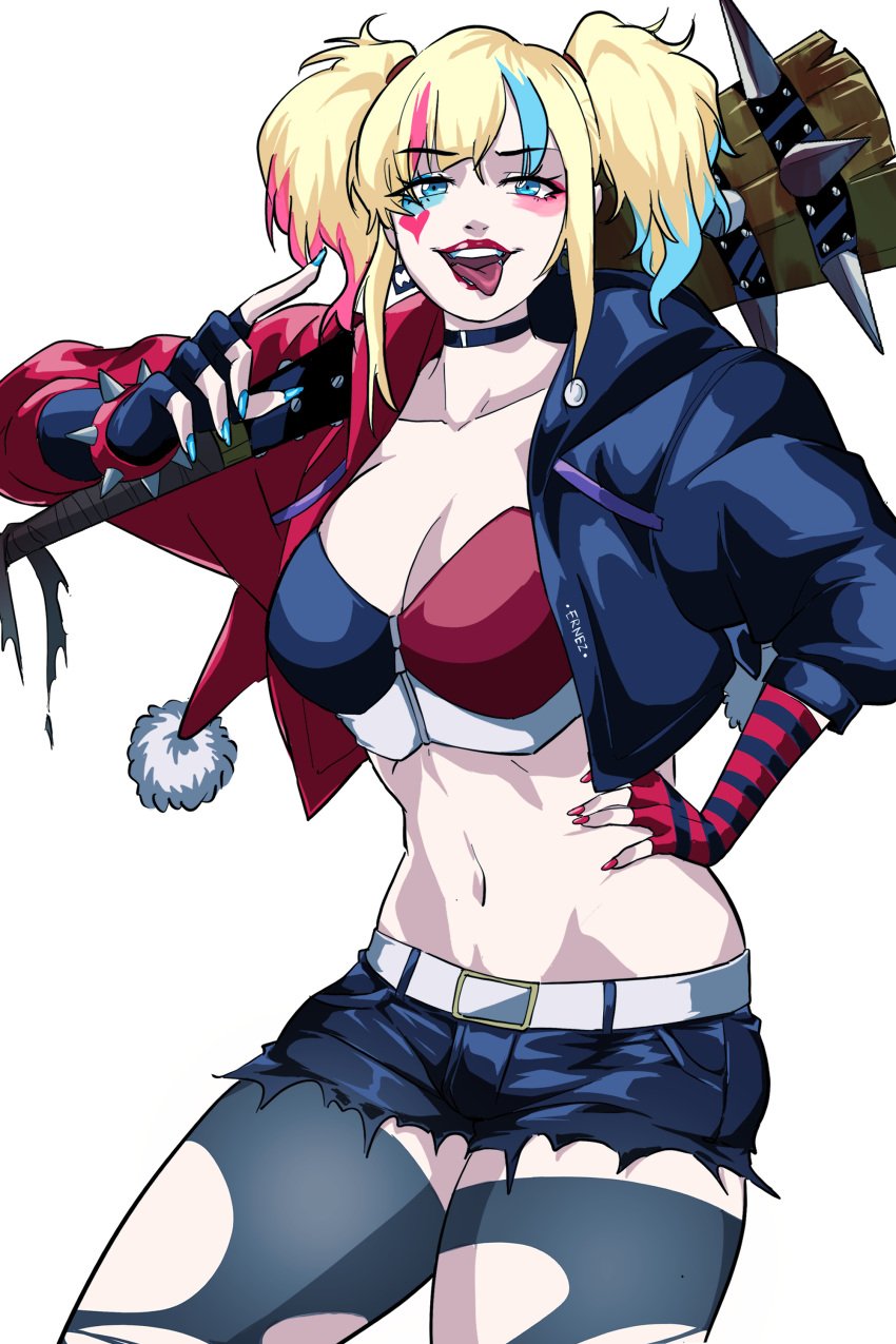 1girls 2023 baseball_bat big_breasts blonde_hair blue_eyes blue_hair breasts choker cleavage dc dc_comics female female_only first_porn_of_franchise harley_quinn harley_quinn_(suicide_squad_isekai) jerukperas light-skinned_female light_skin looking_at_viewer multicolored_hair nail_polish navel painted_nails pale-skinned_female pale_skin red_hair solo solo_female solo_focus suicide_squad suicide_squad_isekai thick_thighs tongue tongue_out twintails wide_hips