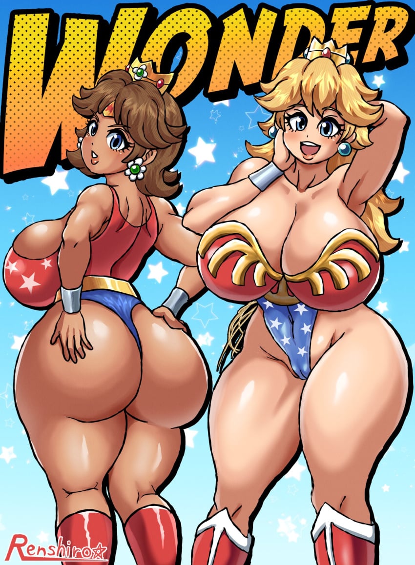 2girls ass big_ass big_breasts big_butt breasts bubble_ass bubble_butt dumptruck_ass dumptruck_butt fat_ass fat_butt huge_ass huge_breasts huge_butt mario_(series) princess_daisy princess_peach r0771 renshirou renzaburo0771 thick_ass thick_butt thick_thighs wonder_woman_(cosplay)