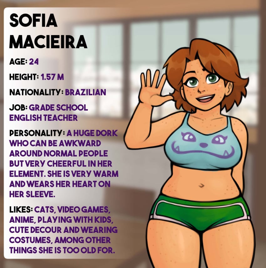 blue_shirt brazilian brazilian_female breasts brown_hair chubby_female colored english_text eyebrows eyelashes freckles green_eyes green_shorts guilhermerm measurements shaking_hand short_hair sofia_(guilhermerm) text white_skin white_skinned_female