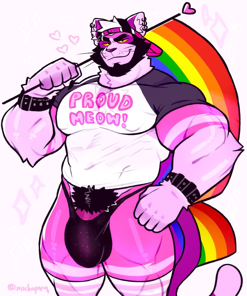 1boy 2023 5_fingers abs absurd_res anthro armwear backwards_hat barazoku beard big_muscles big_pecs big_tail black_clothing black_underwear bulge clothed clothing digital_media_(artwork) domestic_cat ear_piercing ear_ring ear_tuft el_micho_(michopanq) english_text eyebrow_piercing facial_hair facial_piercing felid feline felis fingers flag flag_(object) footwear fur gay genital_outline genitals hair half-closed_eyes hat headgear headwear heart hi_res holding_flag holding_object legwear lgbt_pride long_socks looking_at_viewer male male_only mammal michopanq muscular muscular_anthro muscular_male narrowed_eyes nipple_outline nipples pantsless pattern_clothing pattern_legwear pattern_socks pecs penis_outline piercing pink_body pink_fur pride_color_flag pride_colors pride_month pubes pupils raglan_sleeves rainbow_pride_colors ring_piercing shirt signature simple_background six-stripe_rainbow_pride_colors slit_pupils smile socks solo solo_focus standing striped_body striped_fur stripes tail text thick_thighs tight_clothing tight_fit topwear tuft underwear watermark white_clothing white_shirt white_topwear wide_hips yellow_sclera