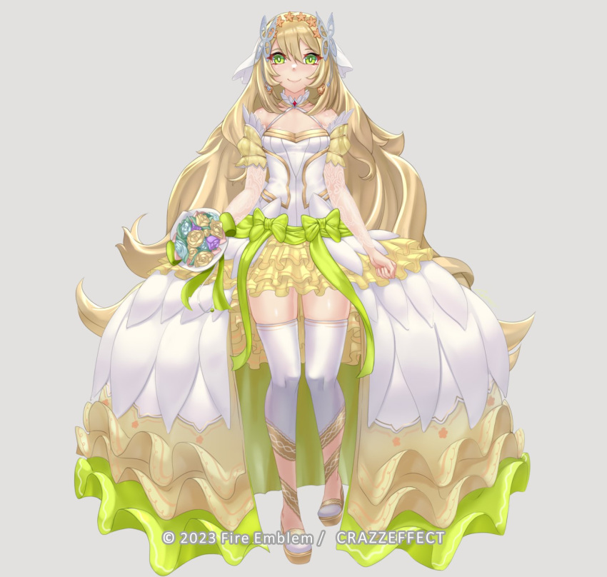 1girls alternate_costume alternate_version_available bare_shoulders bare_thighs blonde_hair bouquet breasts bride butterfly_hair_ornament celine_(fire_emblem) collarbone crazzeffect detached_sleeves dress earrings female female_only fire_emblem fire_emblem_engage flower green_eyes grey_background hair_between_eyes hair_ornament long_hair long_sleeves nintendo shoulders skirt small_breasts smile solo thighhighs thighs very_long_hair wedding_dress