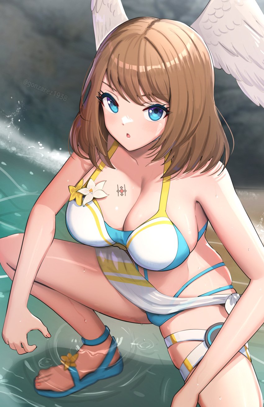 1girls alternate_breast_size alternate_version_available athletic_female bikini blue_eyes breasts brown_hair busty chestnut_mouth cleavage eunie_(xenoblade) female female_only gonzarez head_wings huge_breasts light-skinned_female light_skin looking_at_viewer medium_hair nintendo sandals solo solo_female squatting swimsuit tattoo thick_thighs thighs toes wings wings_on_head xenoblade_(series) xenoblade_chronicles_3