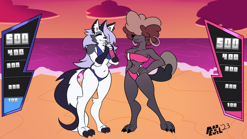 2girls afro anthro beach big_breasts bikini breasts canid canid_demon canine cleavage covered_eyes dark_fur digitigrade domestic_dog drinking duo duo_female esme_(helluva_boss) female female_only hellhound helluva_boss hoop_earrings long_hair loona_(helluva_boss) mad_n_evil midriff multiple_girls navel poodle thick_thighs vivienne_medrano white_fur wide_hips wolf