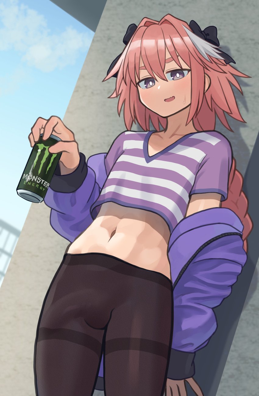 1boy androgynous astolfo_(fate) belly_button bokky0w0 bulge crossdressing erection erection_under_clothes fate/grand_order fate_(series) femboy feminine_male jacket large_penis looking_at_viewer male_only midriff monster_energy monster_energy_drink pantyhose penis penis_in_pantyhose pink_hair shirt