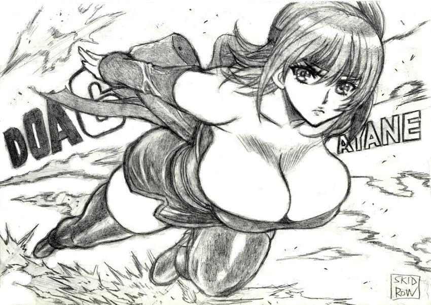 ayane_(doa) breasts character_name copyright_name dead_or_alive dead_or_alive_6 female large_breasts monochrome serious serious_look skidrow solo