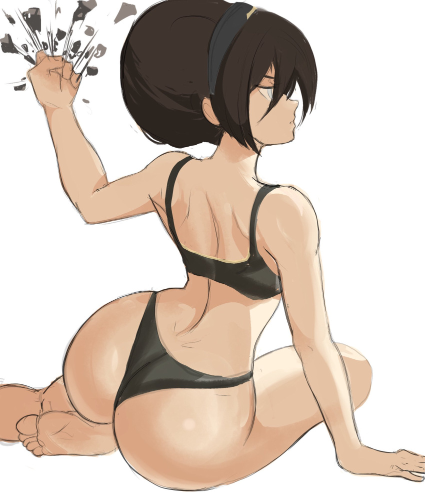 1girls aged_up annoyed arched_back arm_support ass ass_focus avatar_legends avatar_the_last_airbender bangs bare_arms bare_legs barefoot bikini black_bikini bubble_butt earth_kingdom earthbending feet green_eyes hair_bun hair_over_eyes half_naked legs_folded long_hair looking_to_the_side pinup rakeemspoon rear_view rock sitting sitting_on_floor soles solo solo_female swimsuit swimwear the_legend_of_korra thick_thighs toes tomboy toph_bei_fong two_piece_swimsuit wedgie