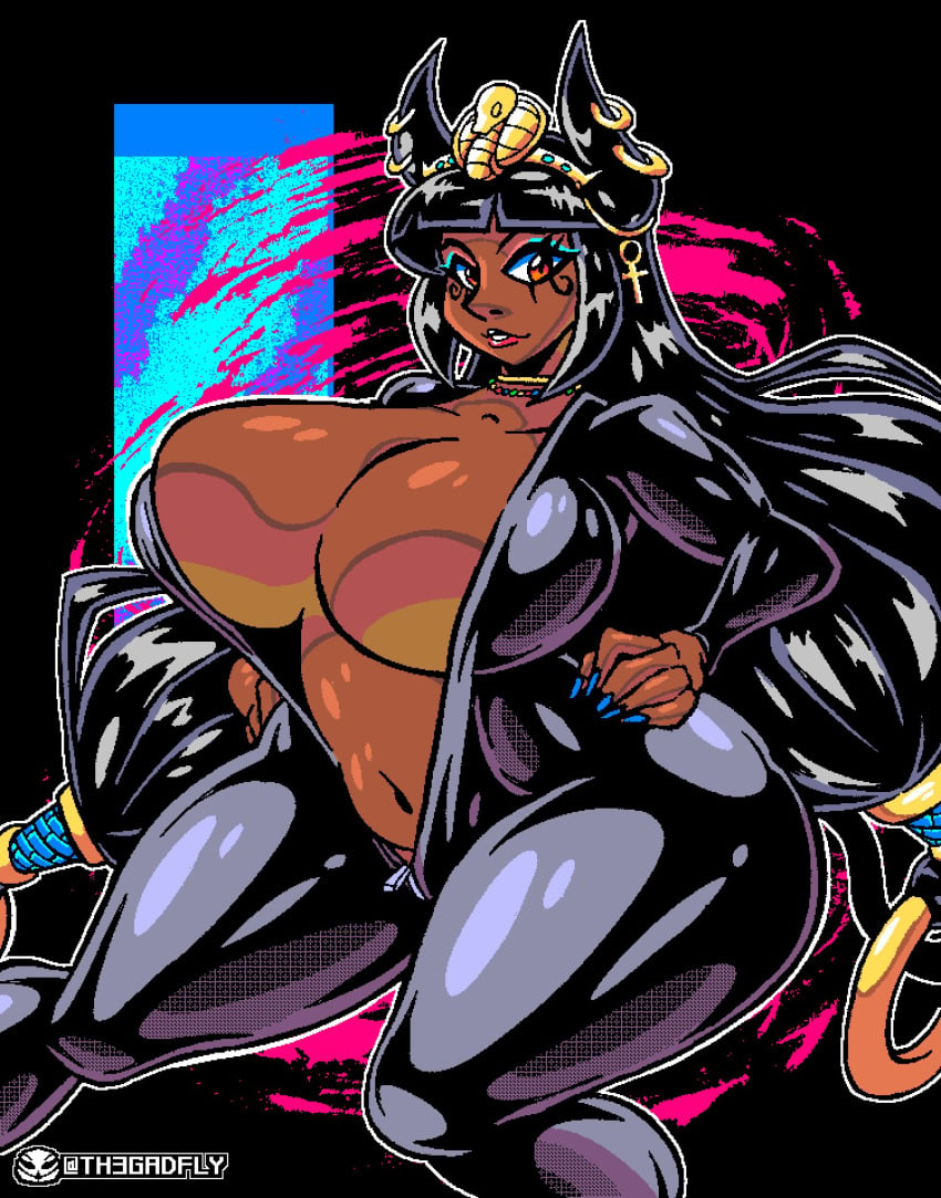 alternate_version_available big_breasts black_hair blunt_bangs breasts catsuit cleavage cleopatra cleopatra_(metal_slug) dark-skinned_female dark_skin egyptian huge_breasts large_breasts makeup metal_slug metal_slug_attack th3gadfly