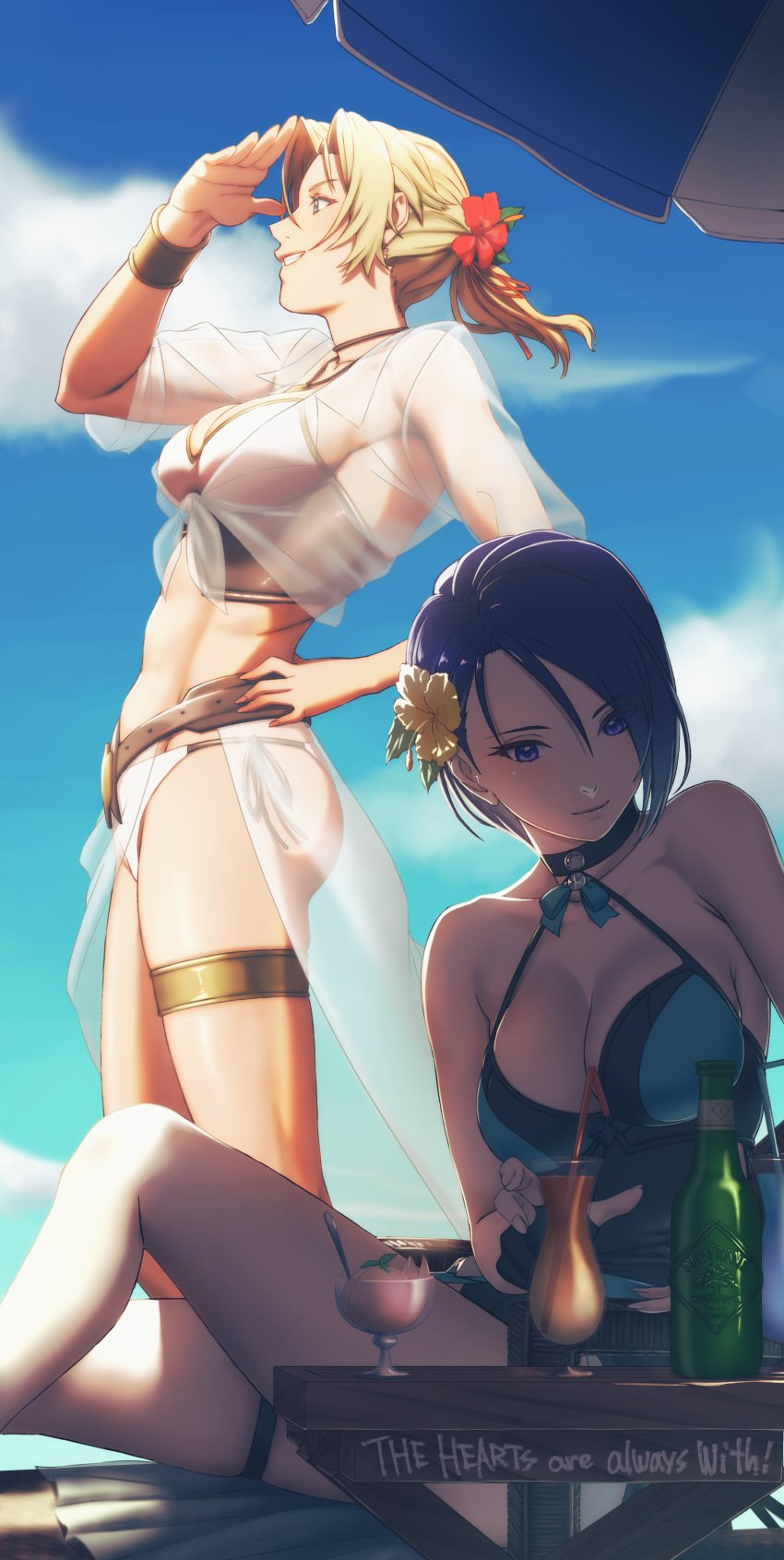 2girls abs absurdres aduti_momoyama alternate_costume ass asymmetrical_hair bare_shoulders beach_chair beach_umbrella bikini black_one-piece_swimsuit black_swimsuit blonde_hair blue_eyes blue_sky bracelet breasts catherine_(fire_emblem) catherine_(summer)_(fire_emblem) choker cleavage closed_mouth cocktail_glass collarbone cup drinking_glass drinking_straw english_text female female_only fire_emblem fire_emblem:_three_houses fire_emblem_heroes flower from_side hair_flower hair_ornament hibiscus highres jewelry large_breasts legs long_hair mature_female multiple_girls navel nintendo official_alternate_costume one-piece_swimsuit open_mouth outdoors ponytail purple_eyes purple_hair sarong see-through_sarong shade shading_eyes shamir_nevrand shamir_nevrand_(summer) short_hair sky smile stomach swimsuit thighlet tropical_drink umbrella white_bikini white_swimsuit