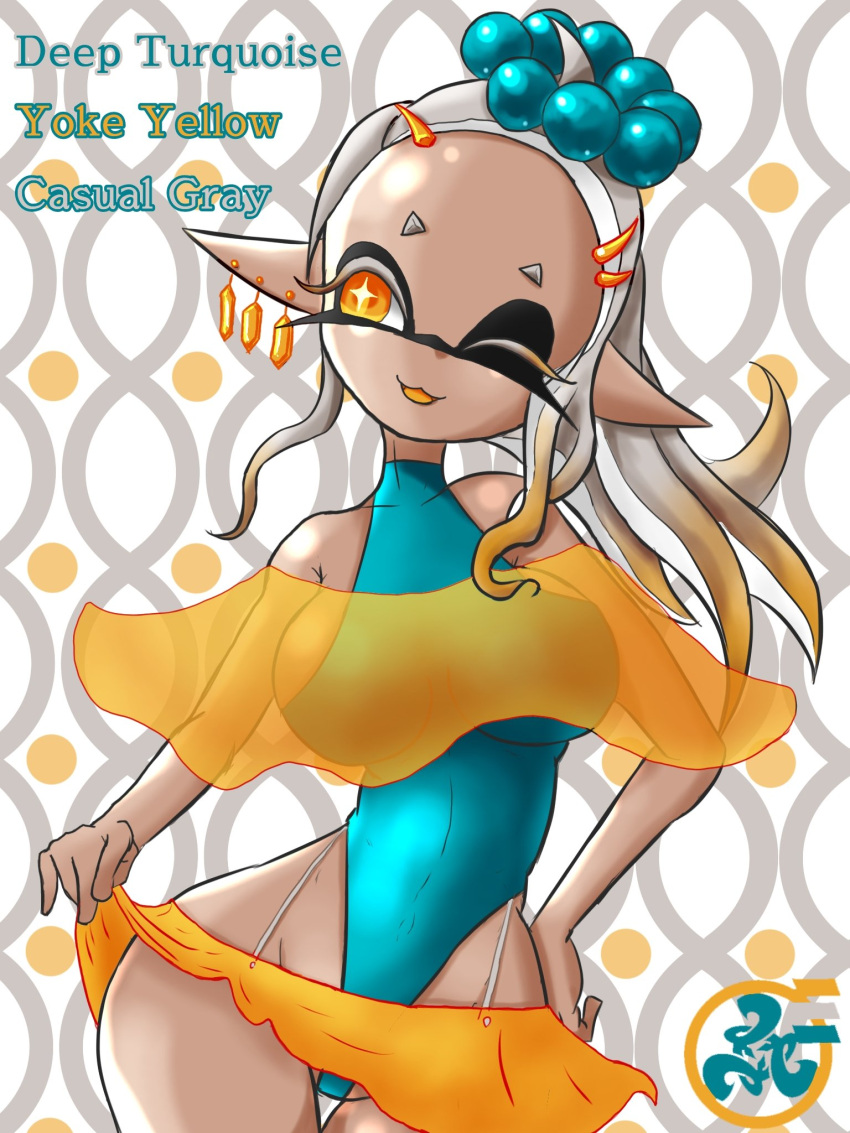 2023 arm_on_leg background black_eyelashes blue_swimsuit breasts casual_gray deep_turquoise digital_media_(artwork) ear_piercing frye_(splatoon) full_body full_color gray_eyebrows gray_hair headwear lifting_skirt light-skinned_female long_ears looking_pleasured medium_hair one_eye_closed one_eye_open orange_skirt skirt_lift splatoon splatoon_3 summer swimsuit thick_thighs tongue tongue_out whitewashed yellow_eyes yoke_yellow