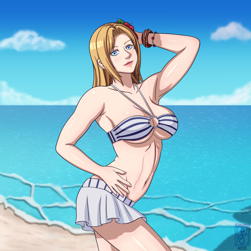 1girls 4thanysc alluring athletic_female beach big_breasts bikini bikini_skirt blonde_hair blue_sky cleavage dead_or_alive dead_or_alive_xtreme_beach_volleyball female_abs fit_female long_hair navel ocean sokloeum striped_bikini tecmo tina_armstrong white_bikini