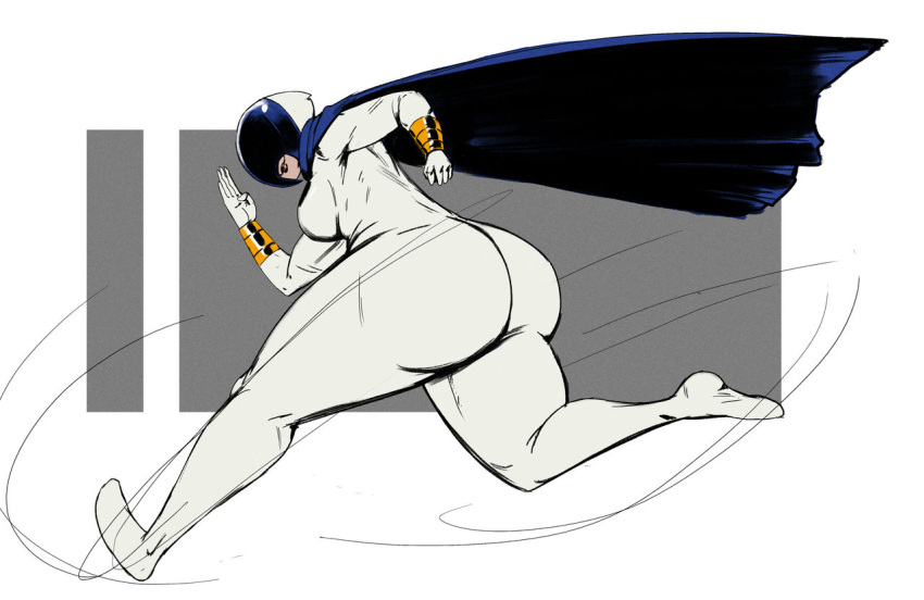 ass big_ass blue_cape bracers cape gold_bracers large_ass mask masked pulchritudinous redblacktac running salvadora_(comic) superheroine white_outfit