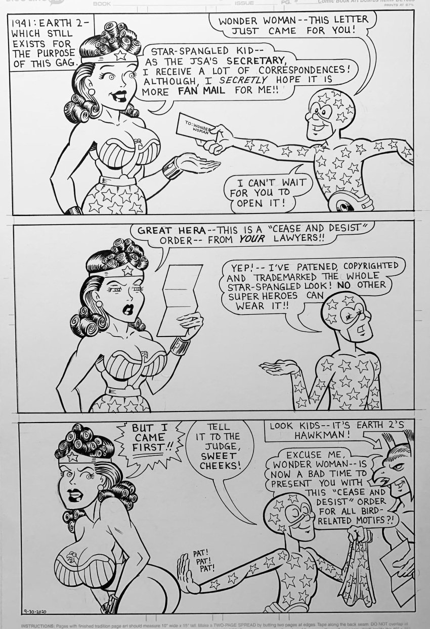 ass black_and_white bottomless cleavage comic dc_comics dialogue exposed_ass hawkman leotard paper simong1234 star_spangled_kid stripped superheroine tiara wonder_woman wonder_woman_(series)