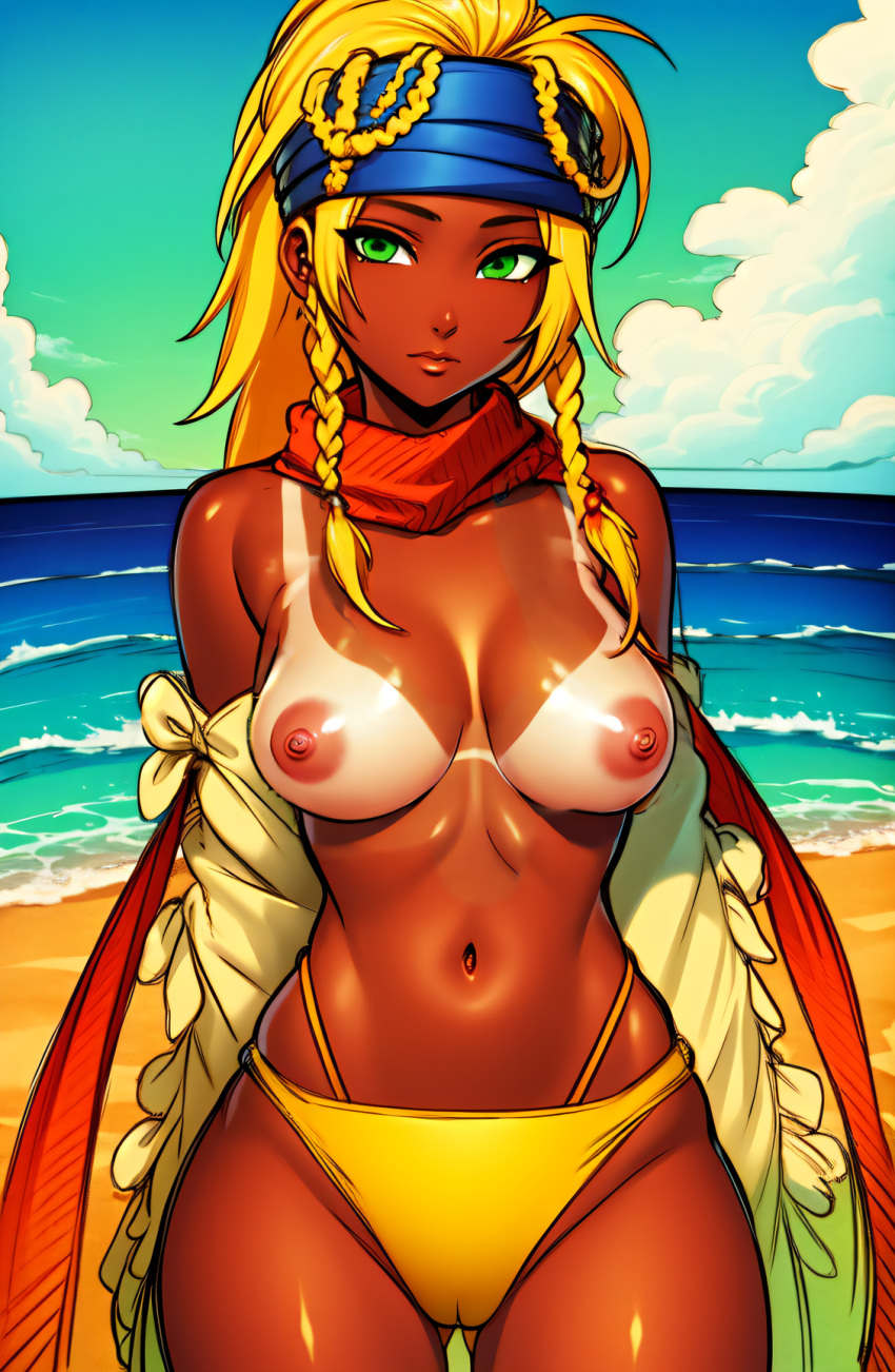 ai_generated beach bombalurina_ai braided_hair bronze_skin_color cloud cowboy_shot detached_sleeves final_fantasy final_fantasy_x final_fantasy_x-2 green_eyes hairband looking_away medium_breasts navel nipples outdoors outside pussy_through_clothing rikku sand scarf stable_diffusion tan_skin tanline topless waves yellow_bikini yellow_hair