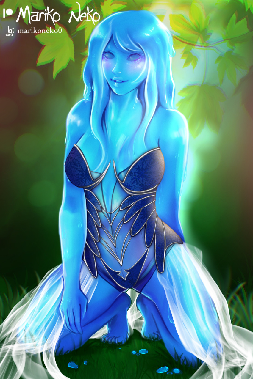 1girls blue_slime clothed fantasy female female_only marikoneko marikoneko0 oc original_character slime slime_body slime_girl slime_monster transparent_body