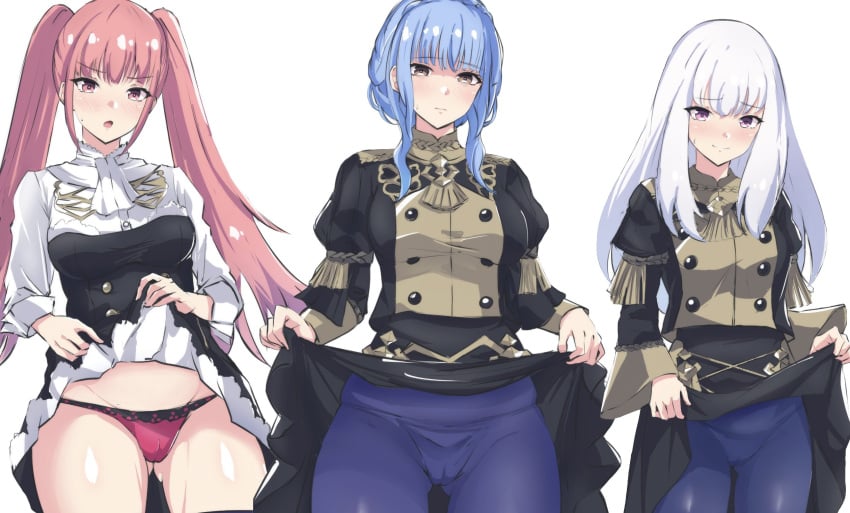 3girls :o angry ascot ass_visible_through_thighs blue_hair blush braid breasts brown_eyes buttons cameltoe closed_mouth clothes_lift commentary_request crown_braid embarrassed female female_only fire_emblem fire_emblem:_three_houses frown garreg_mach_monastery_uniform highres hilda_valentine_goneril large_breasts latte_daruta2 lifted_by_self long_hair long_sleeves looking_at_viewer lysithea_von_ordelia marianne_von_edmund medium_breasts multiple_girls nintendo panties pantyhose pantylines pink_eyes pink_hair pink_panties puffy_sleeves simple_background skirt skirt_lift small_breasts sweatdrop thighs twintails underwear uniform very_long_hair white_ascot white_background white_hair