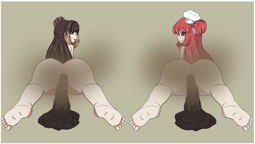 2girls ass barefoot blue_eyes bonnibel_(crush_crush) brown_eyes brown_hair crush_crush fart farting female female_only hat hat_only light_skin light_skinned_female long_hair looking_at_viewer looking_back peanut_(crush_crush) pooping pooping_on_floor red_hair sad_panda_studios scat smile white_skin white_skinned_female