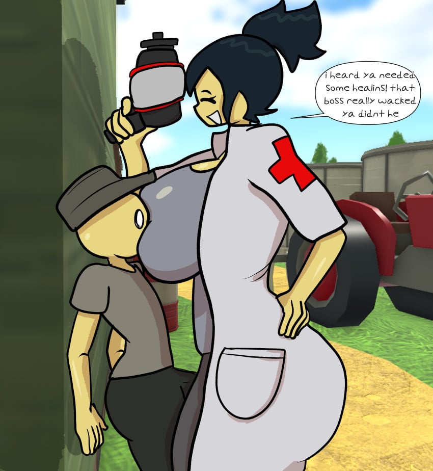 1boy 1girls big_breasts bigger_female black_hair breasts breasts_bigger_than_head dezmine21 mammal medic_(tds) roblox roblox_game robloxian scout_(tds) smaller_male smothering thick_thighs tower_defense_simulator wide_hips