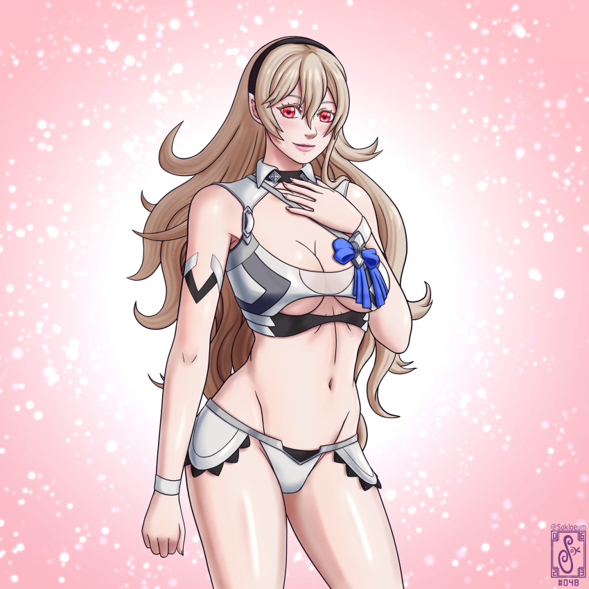 1girls alluring alternate_costume bikini breasts brown_hair cleavage corrin_(fire_emblem) corrin_(fire_emblem)_(female) female female_only fire_emblem fire_emblem_fates large_breasts long_hair medium_breasts navel nintendo red_eyes sokloeum solo swimsuit white_bikini white_swimsuit