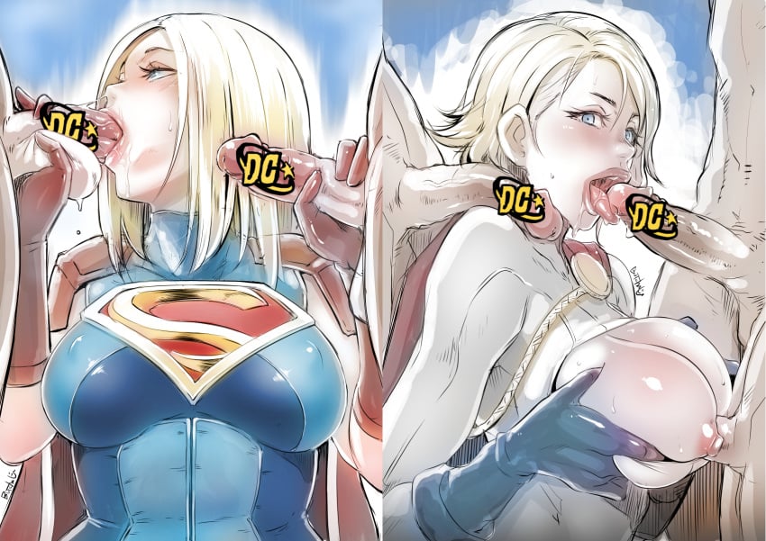 2018 2girls 5boys big_breasts blonde_hair blue_eyes blush breasts butcha-u censored dc dc_comics erect_nipples exposed_breasts faceless_male fellatio gangbang injustice_2 kara_danvers kara_zor-el karen_starr kryptonian light-skinned_female light_skin long_hair oral oral_sex paizuri pointless_censoring power_girl short_hair supergirl superheroine superman_(series) titjob