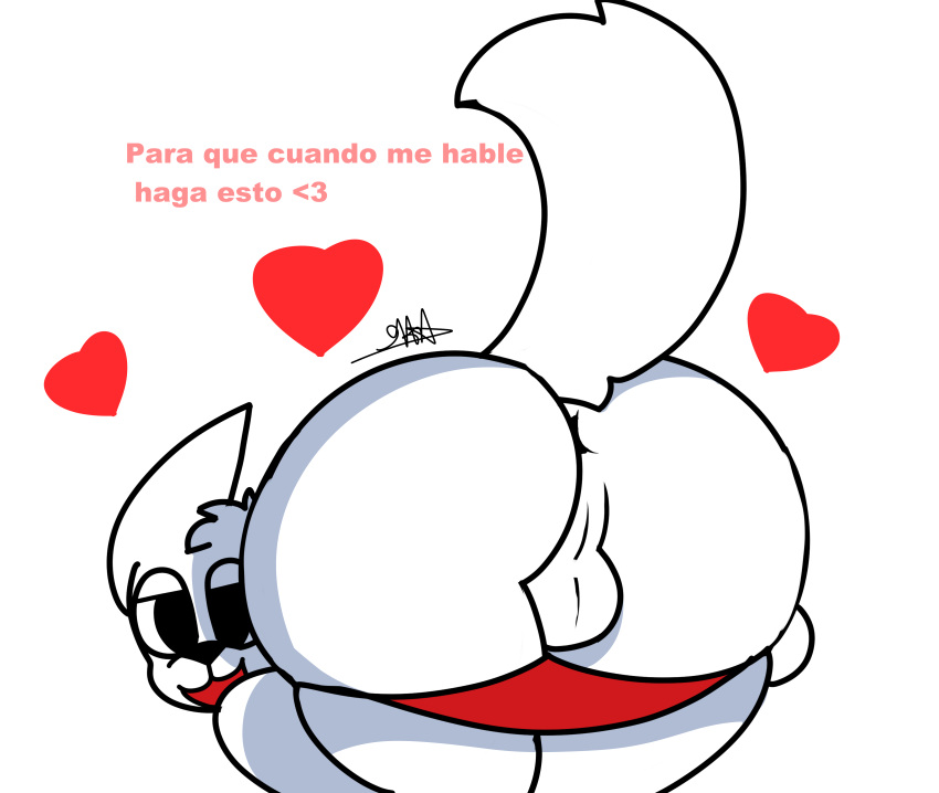 absurd_res anthro ass canid canine canis domestic_dog female fur heart hi_res humanoid looking_at_viewer looking_back looking_back_at_viewer male mammal presenting presenting_hindquarters raised_tail signature solo spanish spanish_dialogue spanish_text tail text uwu white_body white_fur youfrasn