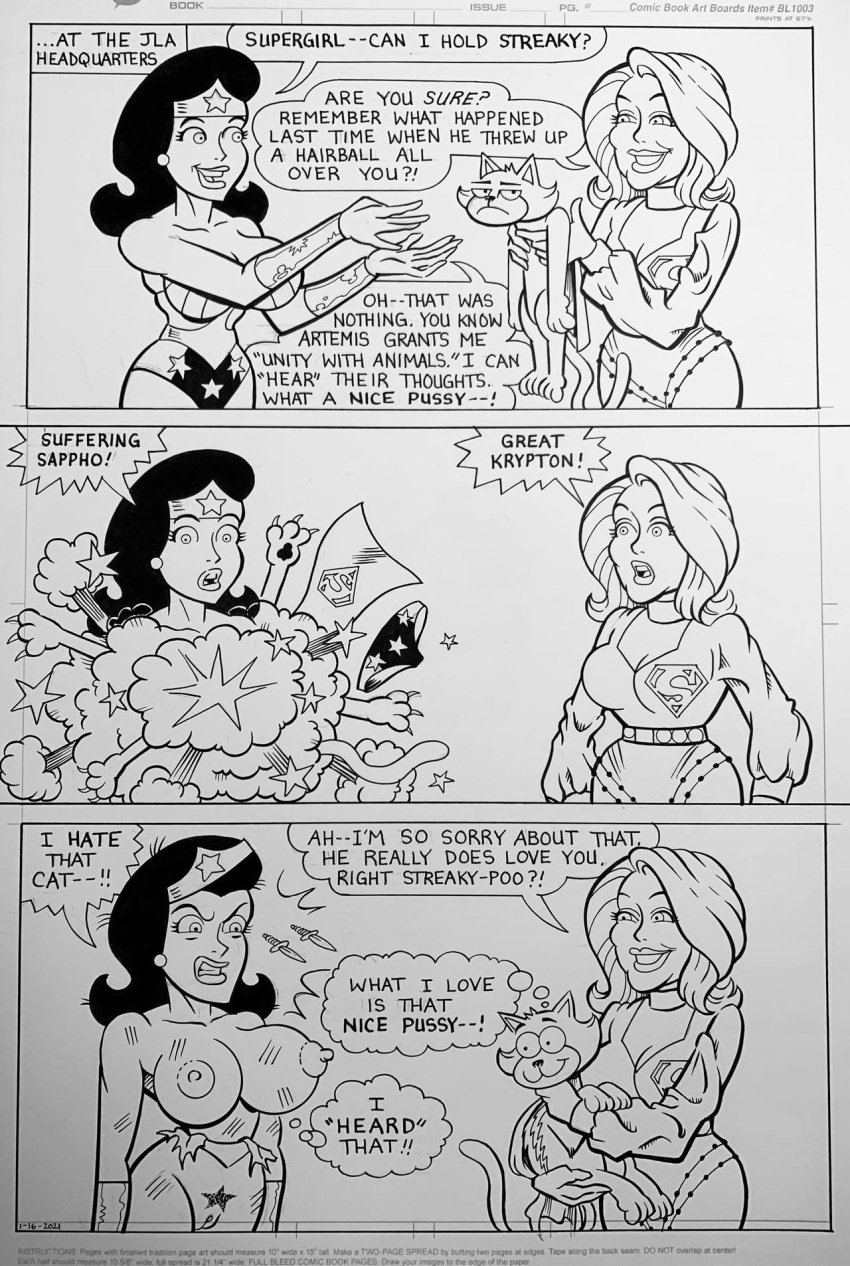 assisted_exposure black_and_white boobs cleavage comic dc_comics dialogue exposed_breasts exposed_pussy feline nipples pubes pubic_hair ripped_clothing ripped_leotard scratches simong1234 stripped stripped_naked stylized_pubes supergirl superheroine superman_(series) tiara tits wonder_woman wonder_woman_(series)