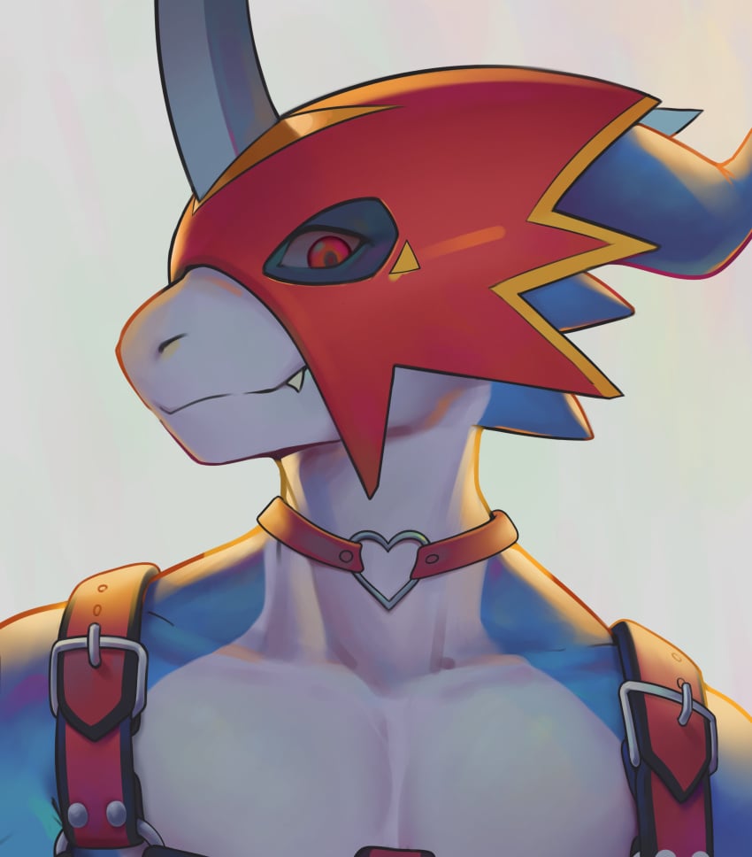 aidennguyen17 anthro choker cute_fang digimon digital_media_(artwork) fit fit_male flamedramon furry heart-shaped_choker helmet helmet_markings helmet_only hi_res highres looking_at_viewer male male_only pecs portrait red_eyes reptile scalie simple_background smile solo two_tone_body