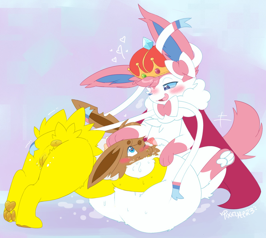 balls big_balls blush canid canine cape clothing crown eevee eeveelution embrace fan_character female generation_1_pokemon genitals headgear hi_res hug huge_balls hyper hyper_balls hyper_genitalia jolteon male male/female mammal nintendo no_humans one_eye_closed paws pixelyteskunk pokemon pokemon_(species) pussy wink