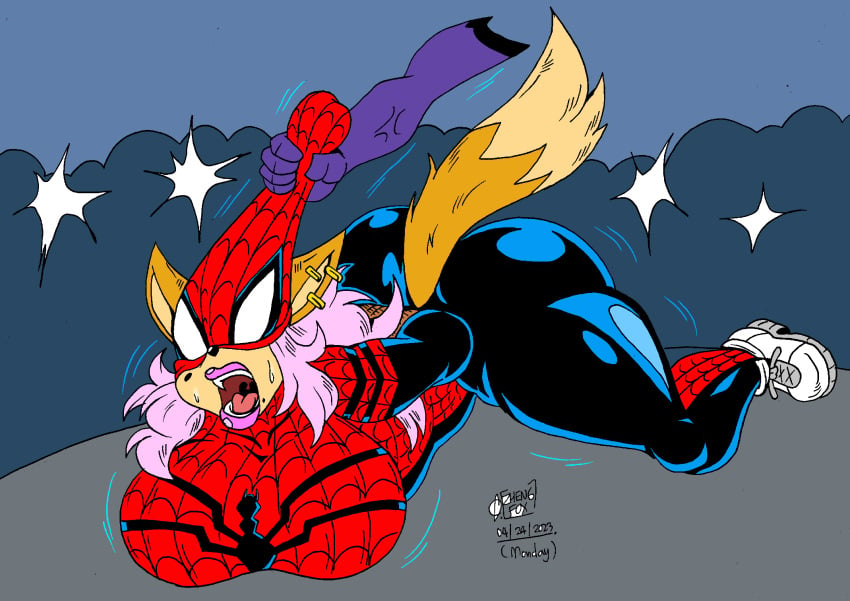 ass big_breasts bodysuit crowd defeated defeated_heroine ear flashing_lights fox fox_ears fox_girl fox_humanoid fur furry large_breasts marvel nidia_rose pink_hair public_exposure rope spider-man_(series) superheroine tail tied_up unmasked_against_will unmasking zhengfox