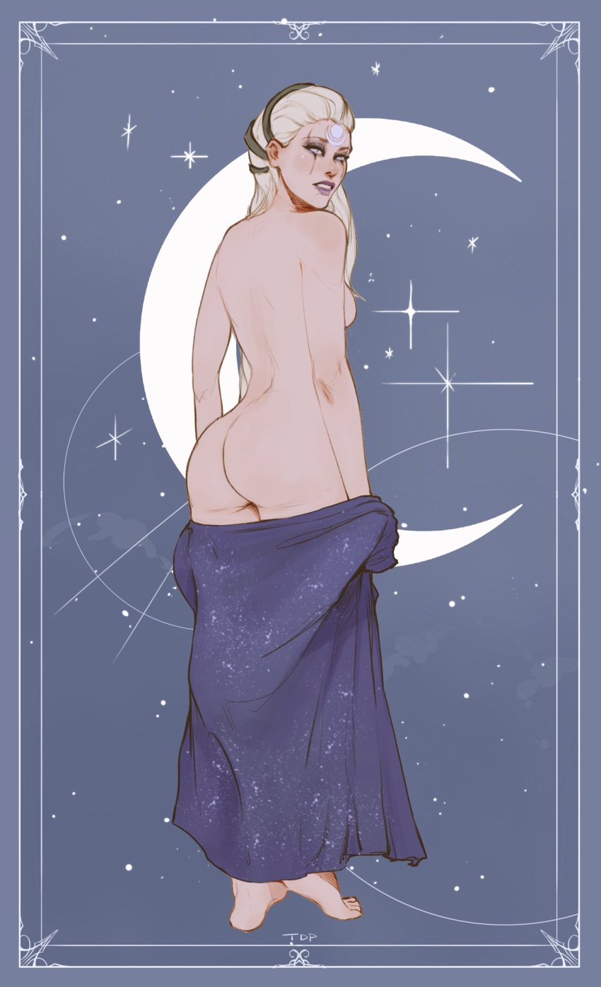 1girls artist_name ass back_view blonde_hair diana_(league_of_legends) female female_only moon nude solo solo_female standing tdp undressing