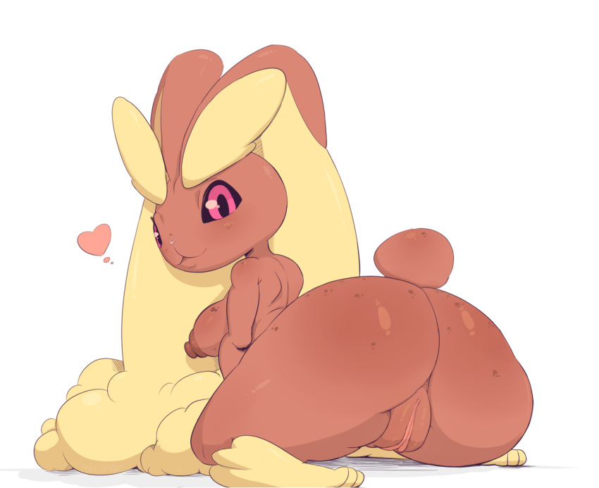 amailemon ass big_butt black_sclera blonde_hair breasts brown_body brown_fur butt_focus domestic_rabbit female floppy_ears fluffy fur generation_4_pokemon genitals hair lagomorph leporid looking_at_viewer looking_back lop_ears lop_rabbit lopunny mammal nintendo oryctolagus pink_eyes pokemon pokemon_(species) pussy rabbit rear_view scut_tail short_tail tail thick_thighs