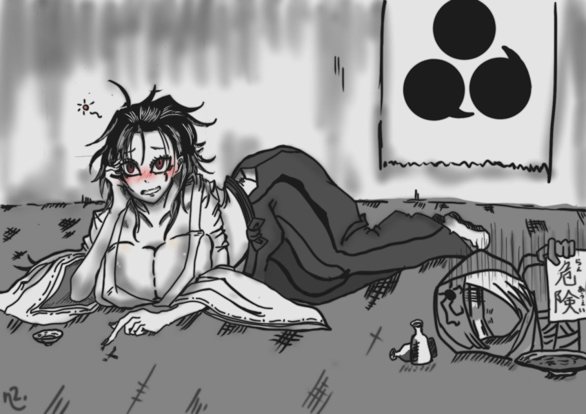 big_breasts black_and_white blush breasts canon_genderswap drunk enuniji genderswap_(mtf) laying_on_side monochrome rosen_garten_saga rule_63 spot_color yamato_takeru_(rosen_garten_saga)