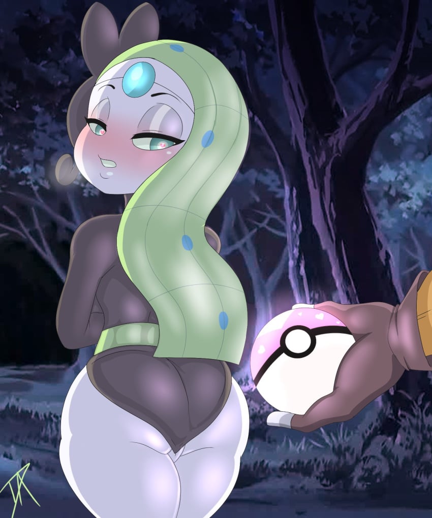 1girls ass big_ass blush color dalley_le_alpha detailed_background female female_focus green_hair heart-shaped_pupils highres legendary_pokémon looking_back meloetta nintendo pokémon_(species) pokemon size_difference small_breasts smaller_female thick_thighs thighs unseen_male_face white_body