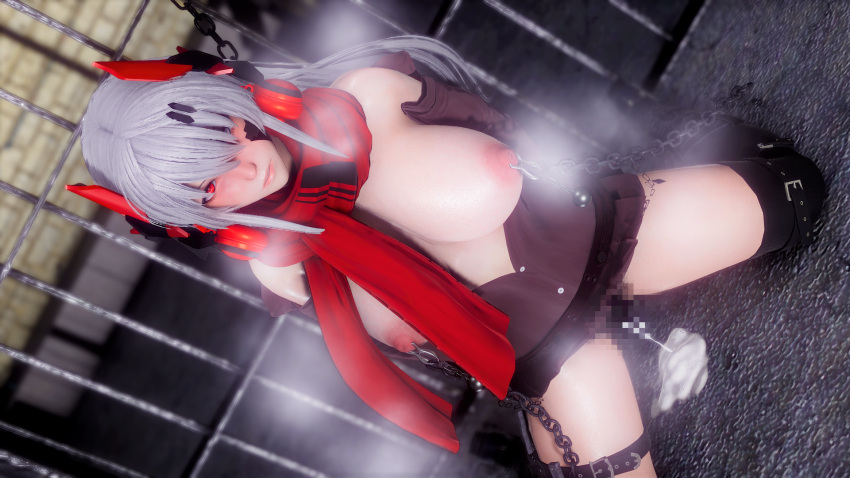 1girls blush breasts_out cum cum_in_pussy cum_inside cum_leaking female female female_focus female_only hair_over_one_eye headgear headphones kneeling large_breasts lucia:_crimson_abyss_(punishing:_gray_raven) lucia_(punishing:_gray_raven) pale_skin partially_clothed punishing:_gray_raven red_eyes robot_girl scarf solo white_hair ヨミ