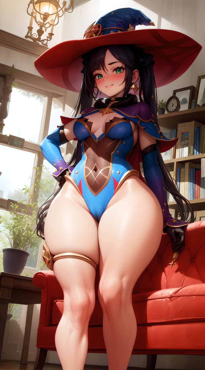 ai_generated black_hair green_eyes looking_at_viewer small_breasts smiling swimsuit thick_tights witch_hat