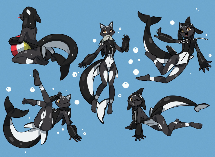 2023 beach_ball black_body black_fur breasts cheek_tuft cute cute_fang feline female female_only furry furry_only hazel_eyes medium_breasts multiple_poses nulia one_eye_closed orca_hood swimming tarahe teeth tongue tongue_out underwater water wholesome