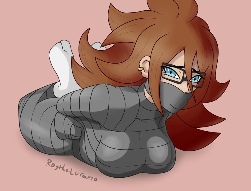 1girls android_21 android_21_(human) blue_eyes bondage bound brown_hair dragon_ball dragon_ball_fighterz dragon_ball_super female female_only glasses hogtie long_hair mummification roythelucario socks tape tape_bondage tape_gag taped_hands vomi_(dragon_ball)