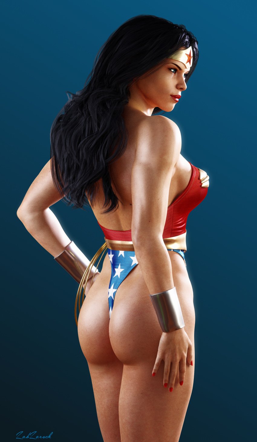 1girls 3d ass black_hair bracers dark_hair dc dc_comics female female_only lasso lasso_of_truth leotard long_hair solo stars superheroine thong thong_leotard tiara wonder_woman wonder_woman_(series) zabzarock