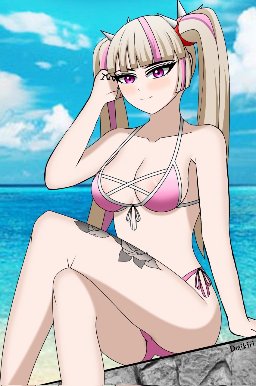 1girls beach bikini blonde_hair breasts commission crossed_legs daikiri_di_mon fortnite fortnite:_battle_royale leg_tattoo lennox_rose_(fortnite) looking_at_viewer multicolored_hair pink_bikini pink_hair sitting tattoo