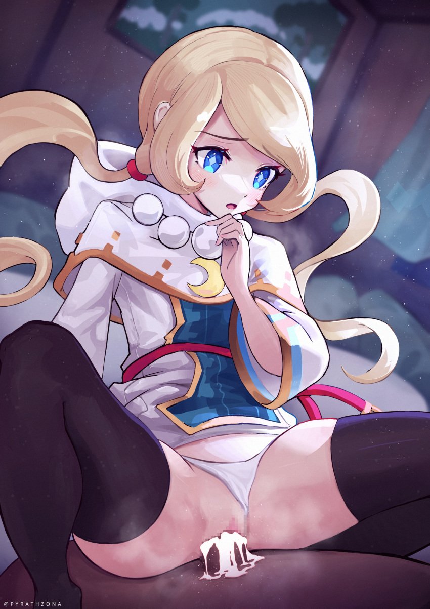 1boy absurdres black_thighhighs blonde_hair blue_eyes capelet censored clothed_sex clothing_aside cowgirl_position cum cum_in_pussy cum_overflow dark-skinned_male dark_skin dot_nose dress fantasy_life female highres hood hood_down indoors jewelry long_hair looking_at_another low_twintails mosaic_censoring necklace open_mouth paid_reward_available panties panties_aside penis pussy raised_eyebrows sex skyxperish spread_legs squatting_cowgirl_position straddling straight symbol-shaped_pupils thighhighs twintails twitter_username underwear vaginal_penetration variant_set white_capelet white_dress white_panties yuelia yuelia_(fantasy_life)