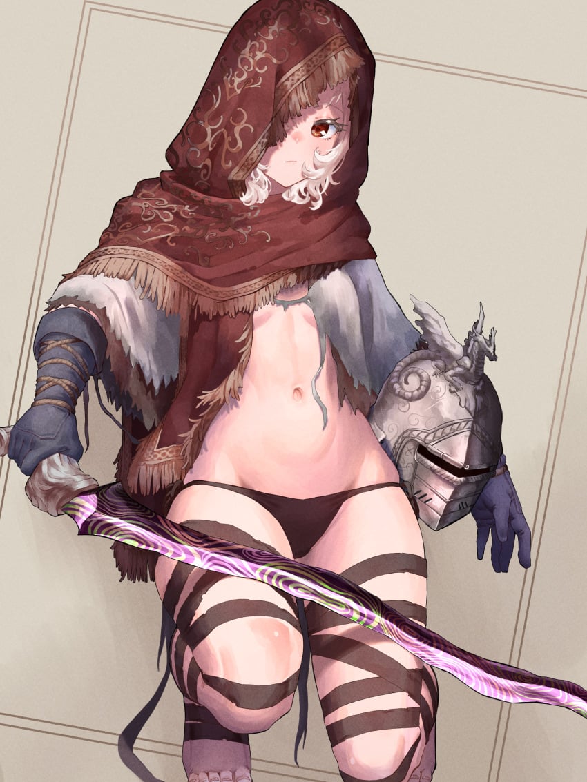 1girls armor bandages barefoot black_panties cloak ekrea_jan elden_ring female female_knight female_only fromsoftware full_body gloves helmet helmet_removed hood kneeling knight long_hair looking_at_viewer navel panties red_eyes revealing_clothes short_hair solo sword tarnished underboob weapon white_hair wide_hips wraps